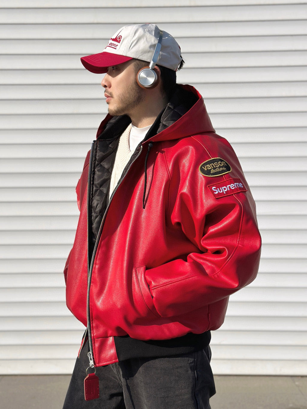 Supreme x Vanson Leathers Men's and Women's Spring and Fall Sleeve Logo Embroidered Patch Zipper Closure Hooded Leather Jacket #75186