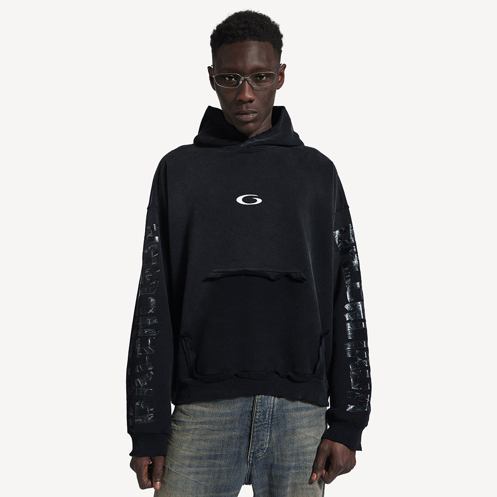 Balenciaga Top-quality version Men's Transparent Tape Ripped Pocket Hoodie in Faded Black White #376442