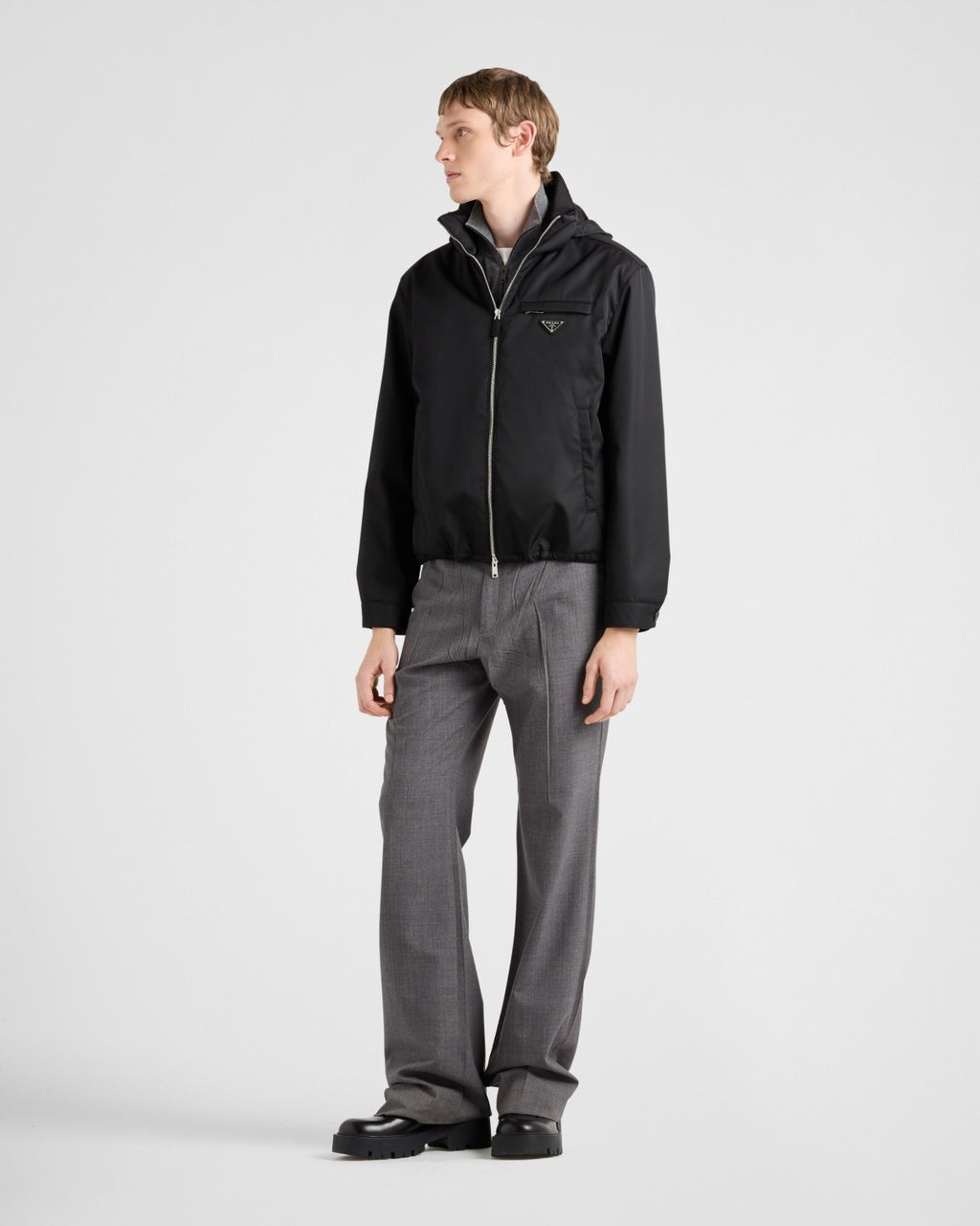 Prada Men's Fall And Winter Recycled Nylon Short Jacket Black Hooded Zipper Jacket Logo Pockets Fashion Trend Casual Jacket #81397
