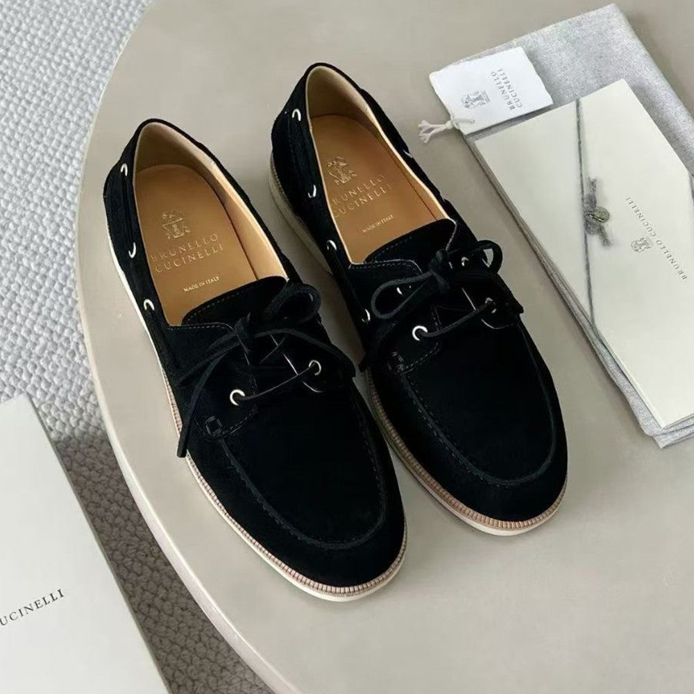 Brunello Cucinelli Men's Washed Suede Boat Shoes. Four-Season Solid Color Round Toe Lace-Up Low-Top Casual Shoes Ngvp #2125