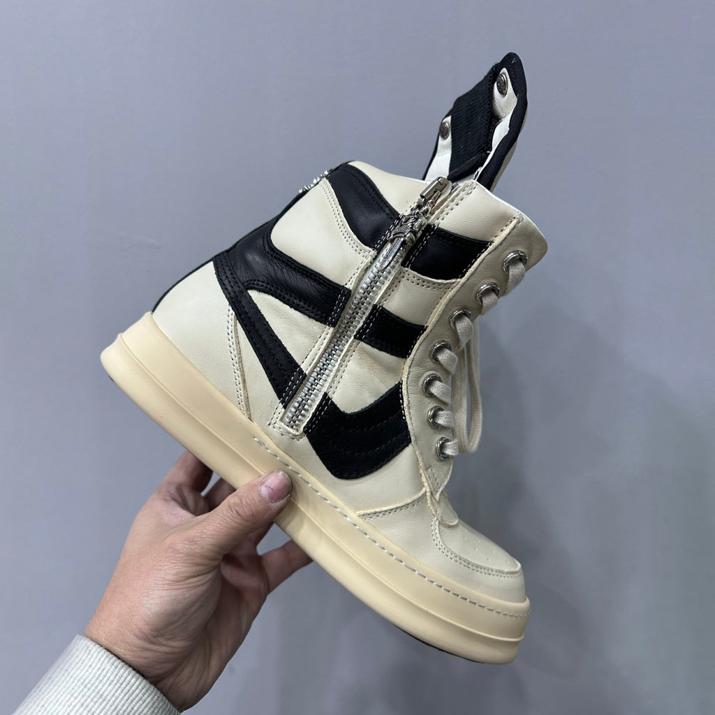 Rick Owens x Chrome Hearts Geobasket Men's And Women's Solid-colour Leather High-top Lace-up Side Zip Casual Shoes #77726