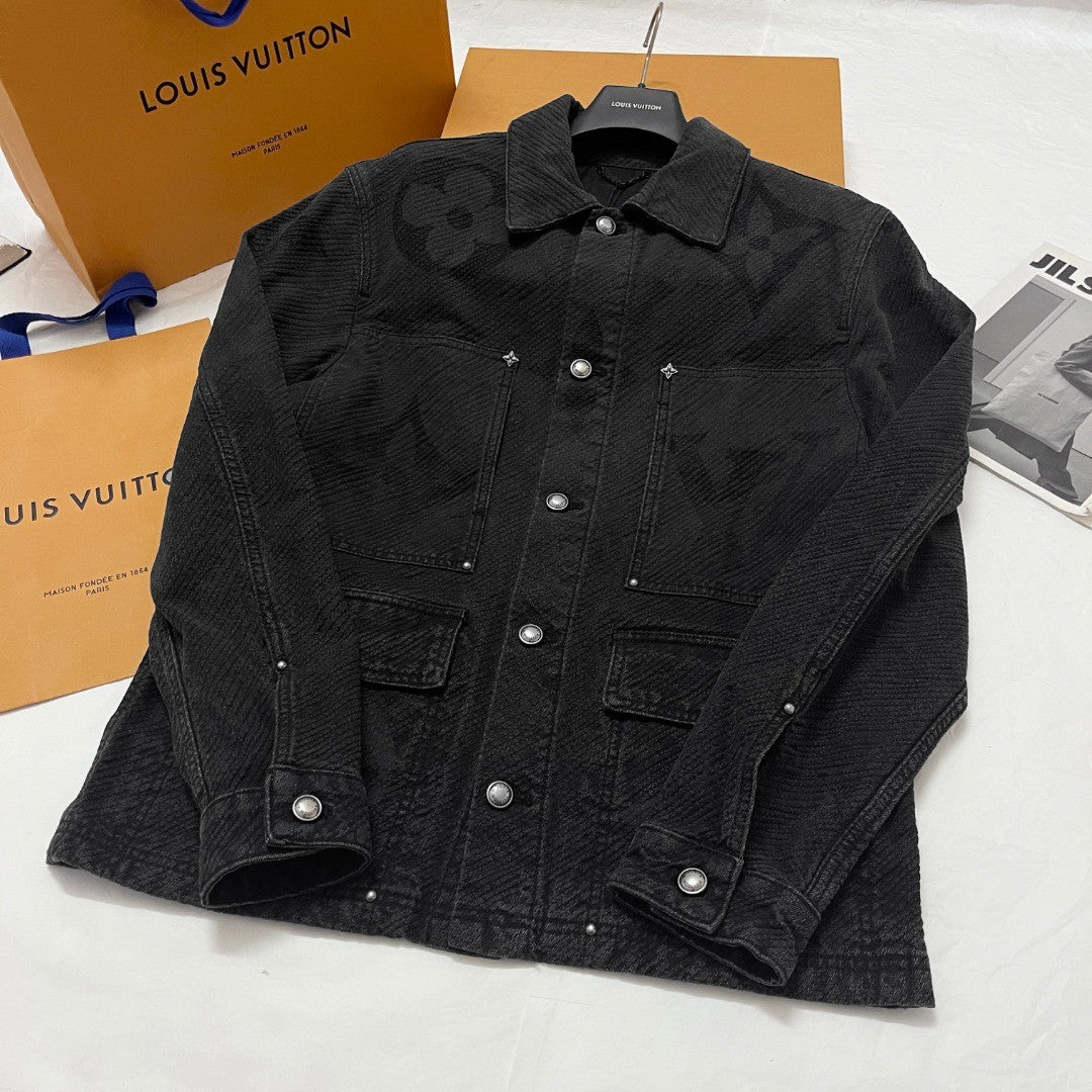 Louis Vuitton Men's Spring And Fall Black Logo Jacquard Single Breasted Long Sleeved Denim Jacket Jeans Pants Suit Set #75747