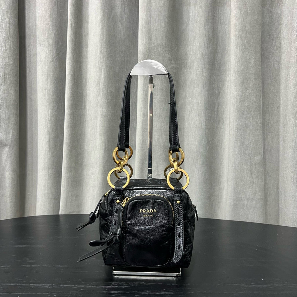 Prada Dangle Women's Black Letter Print Zipper Closure Cowhide Leather Mini Shoulder Bag Bags #75499