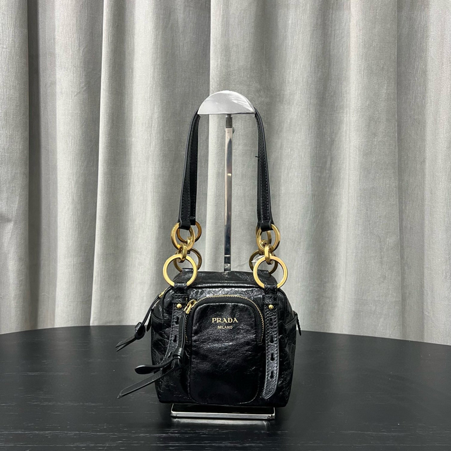 Prada Dangle Women's Black Letter Print Zipper Closure Cowhide Leather Mini Shoulder Bag Bags #75499