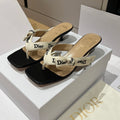 DIOR J Adior Heeled Thong Sandal White Embroidered Cotton and Black Lambskin #385829