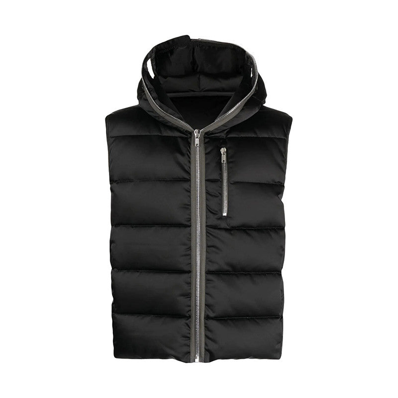 Rick Owens Men's Fall/Winter Dark Style Casual Solid-Color Full-Zip Hooded Quilted Down Vest Ngvp #2521