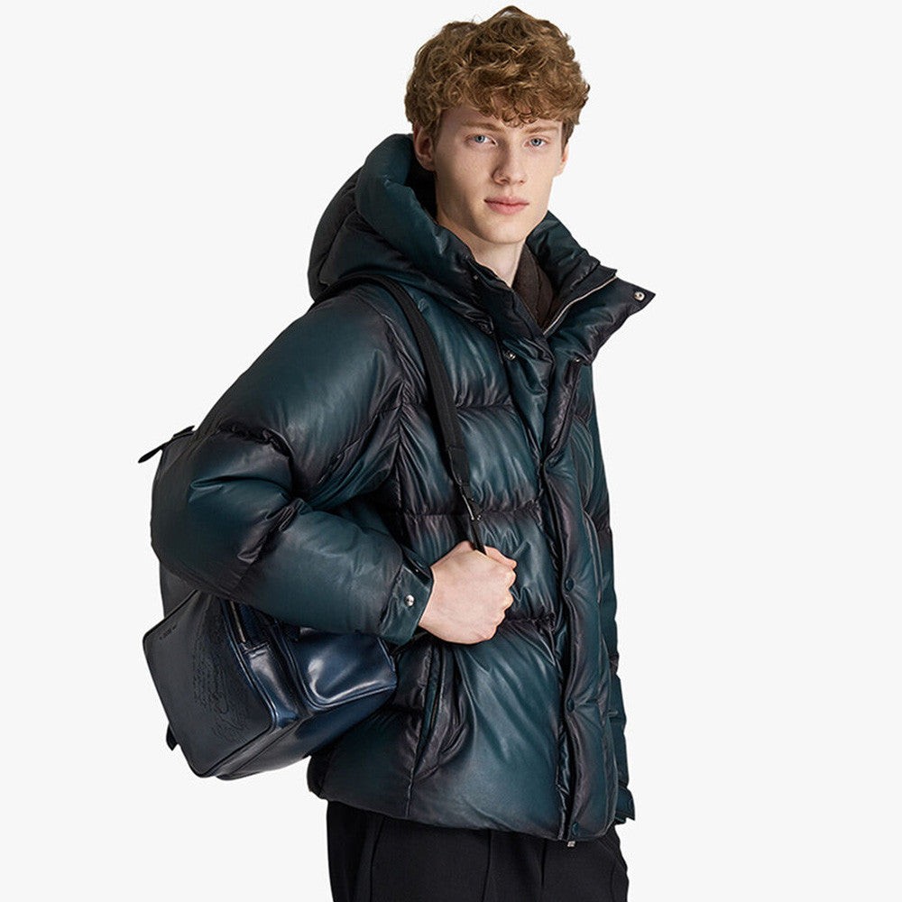 Berluti Men's Winter Solid Color Single Breasted Long Sleeve Hooded Leather Puffer Down Jacket Ngvp #7215