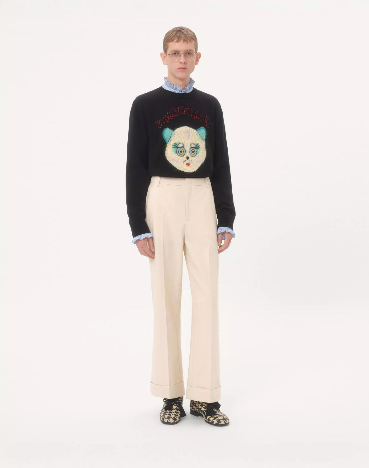 Valentino Men's Le Chat De La Maison Wool Logo Cat Embroidered Solid Color Crew Neck Long Sleeve Knit Sweater #81754