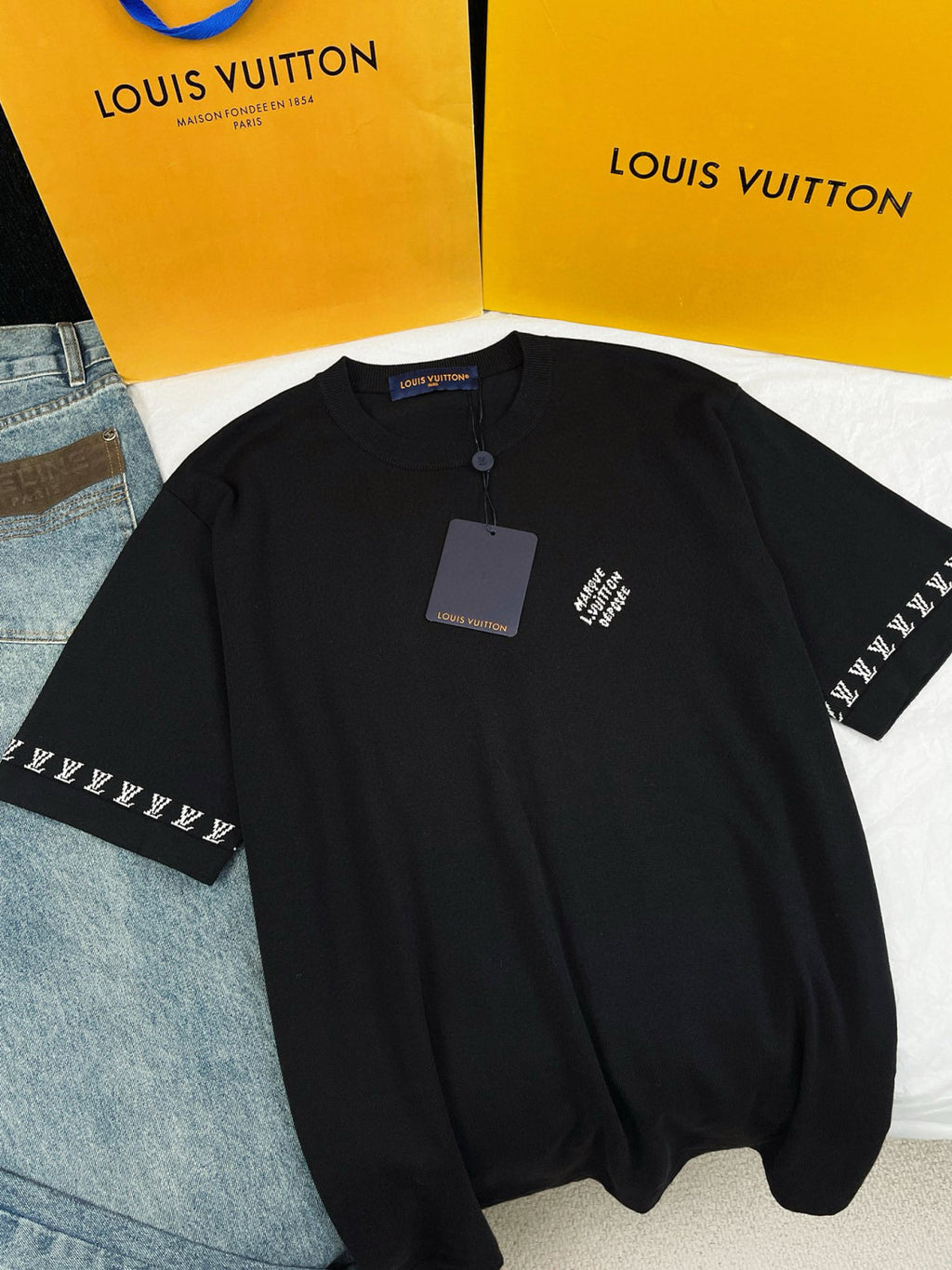 Louis Vuitton Men's Summer Black Cotton Jersey Fabric Round Neck Short Sleeve T-shirt #98962