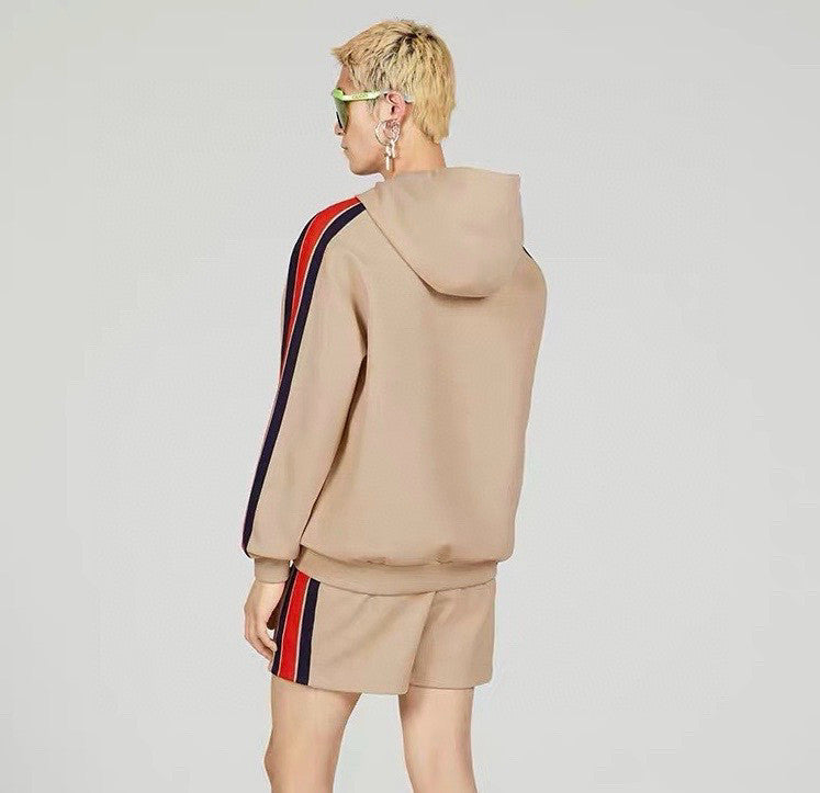 Gucci Men's Summer Striped Logo Print Hooded Sweatshirt Pullover Tie High Waisted Shorts Set Suit #98813