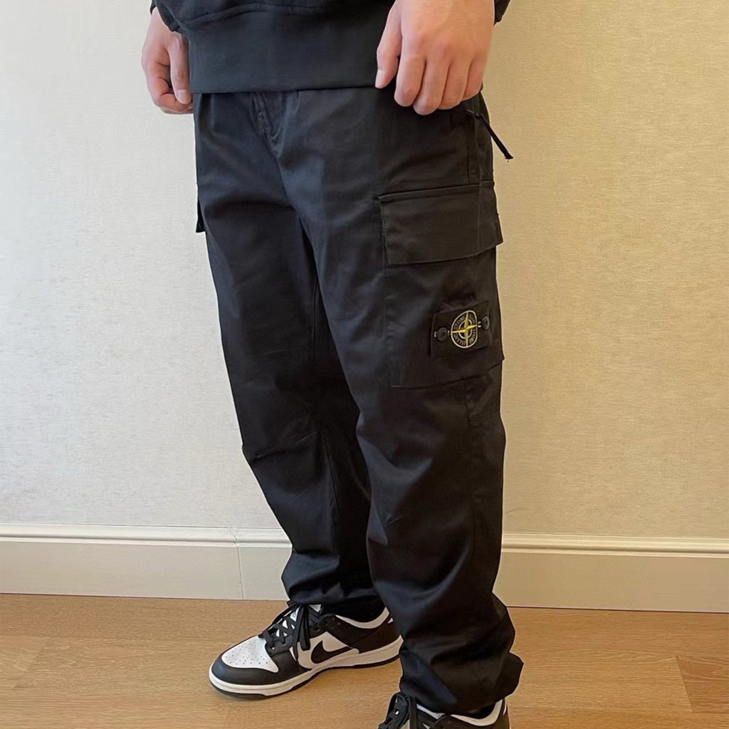 Stone Island Men's Fall Black Cotton Guide Pin Patch Casual Straight Loose Work Pants #97966