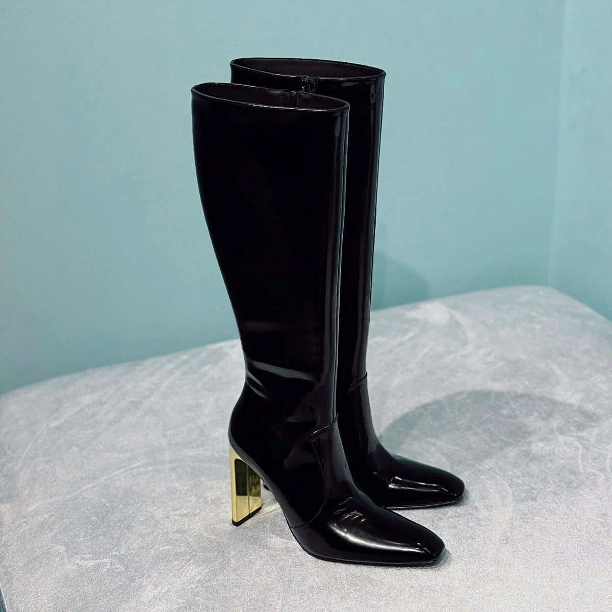 Saint Laurent Women's Autumn/Winter Leather Square Toe High Boots Solid Color Zipper Retro Chunky Heel High Heels Heel Height 11cm #81491