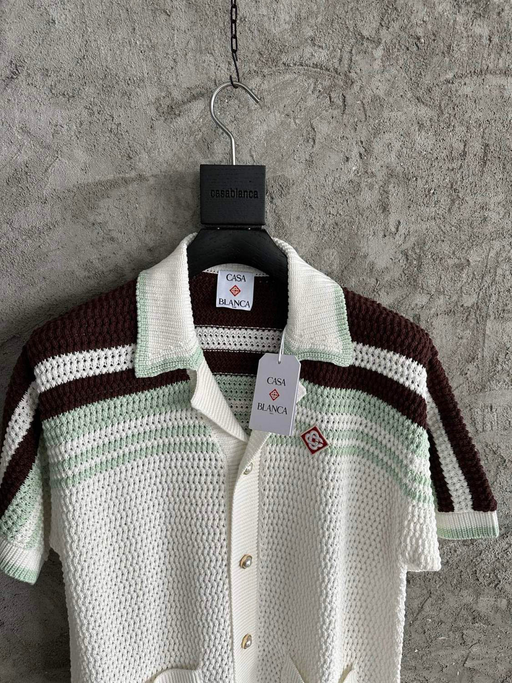 Casablanca Men's Summer Fashion Casual V-Neck Single Button Knit Striped Sweater Shirt with Elastic Drawstring Waist Knit Striped Shorts Suit Set #78593