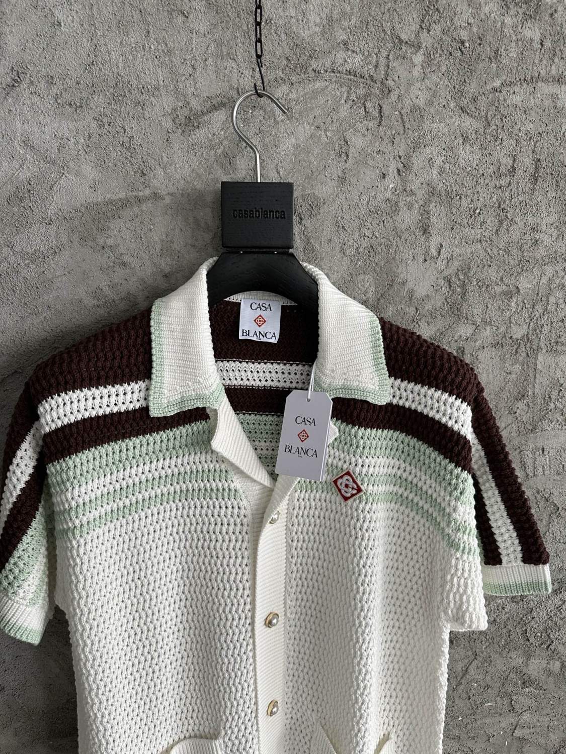 Casablanca Men's Summer Fashion Casual V-Neck Single Button Knit Striped Sweater Shirt with Elastic Drawstring Waist Knit Striped Shorts Suit Set #78593