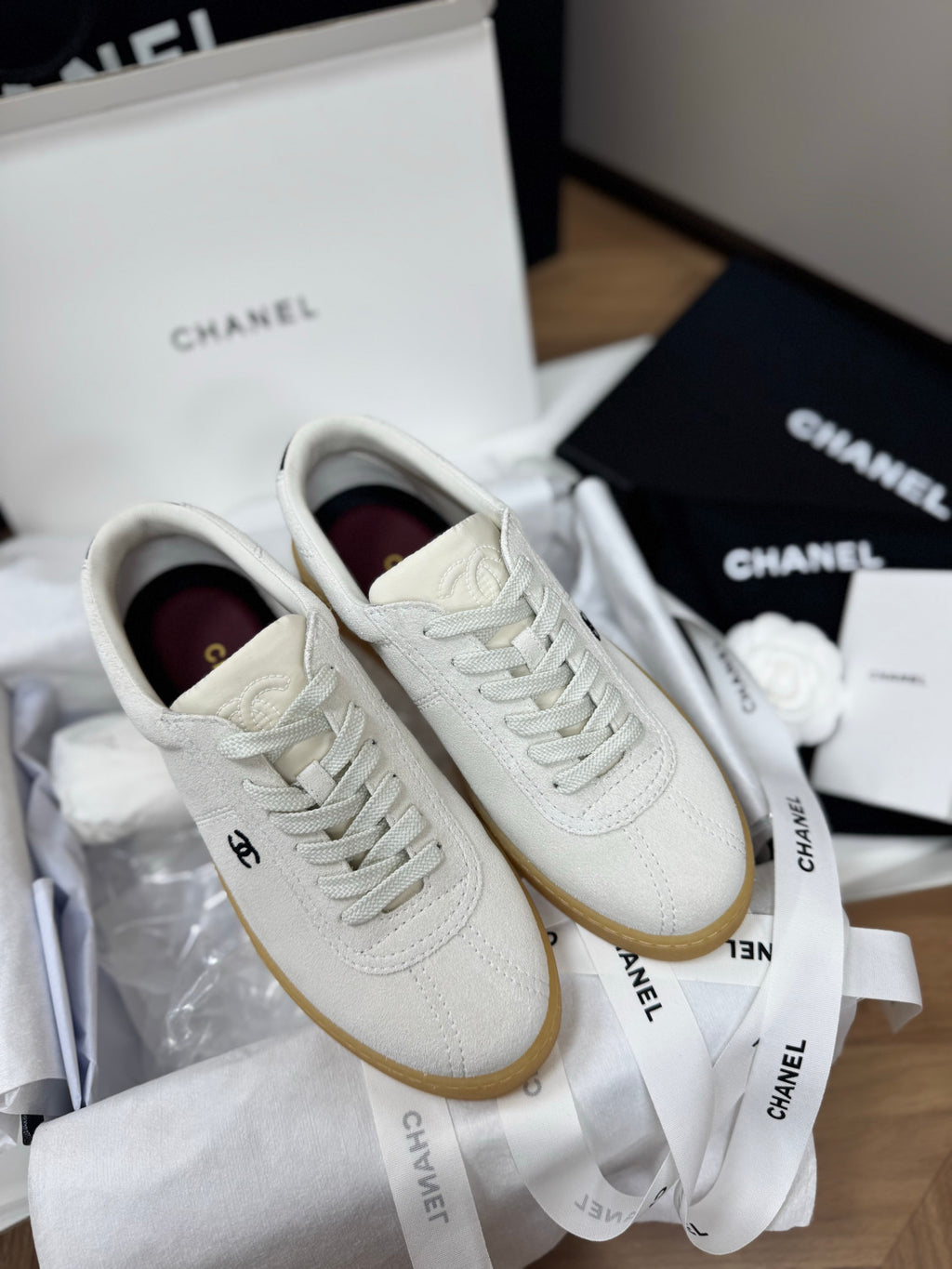CHANEL Sneakers Suede Calfskin Calfskin White Black #381214