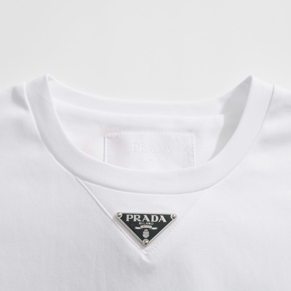 Prada Men's Summer Solid Color Triangle Logo Logo Round Neck Cotton Short Sleeve T-Shirt #75752