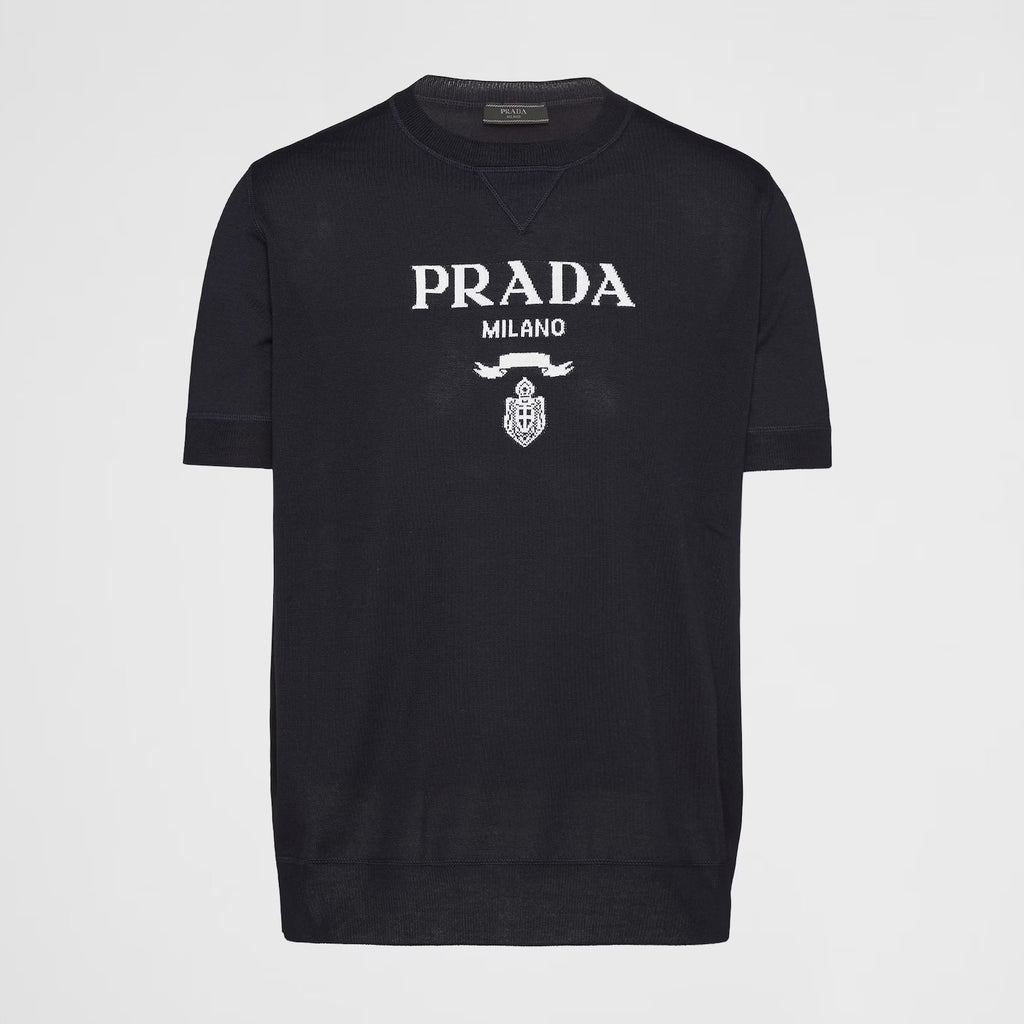 Prada Men's Summer Dark Blue Letter Print Round Neck Cotton Short Sleeve T-Shirt #99512