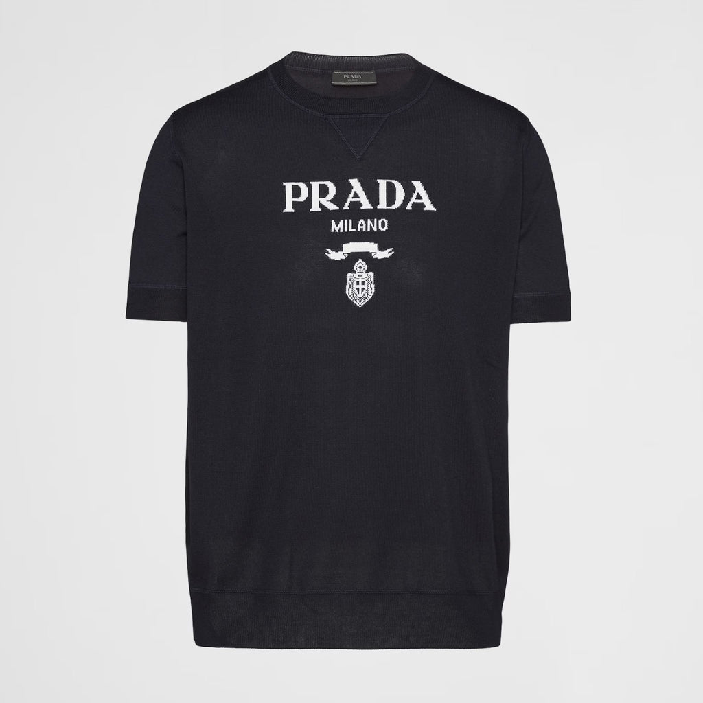 Prada Men's Summer Dark Blue Letter Print Round Neck Cotton Short Sleeve T-Shirt #99512