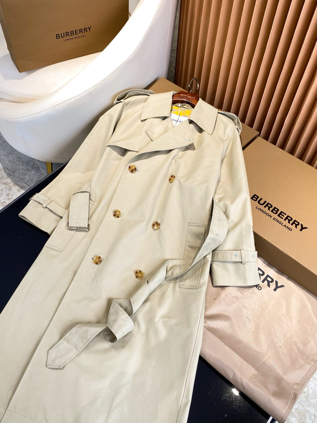 Burberry Men's Spring And Fall Solid Color Double Breasted Tie Waist Long Windbreaker Coat Jacket #98782
