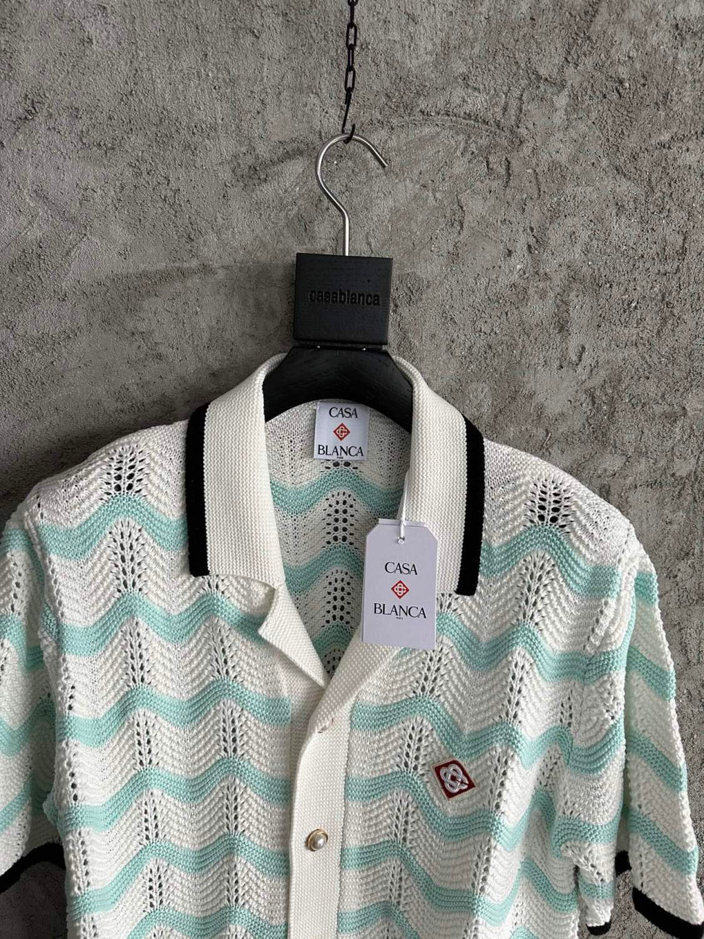 Casablanca Men's Summer Fashion Casual Knit Arch Wave Pattern Woven Pure Cotton Single Breasted Collar Shirt Waist Elastic Short Pants Suit Set #78349