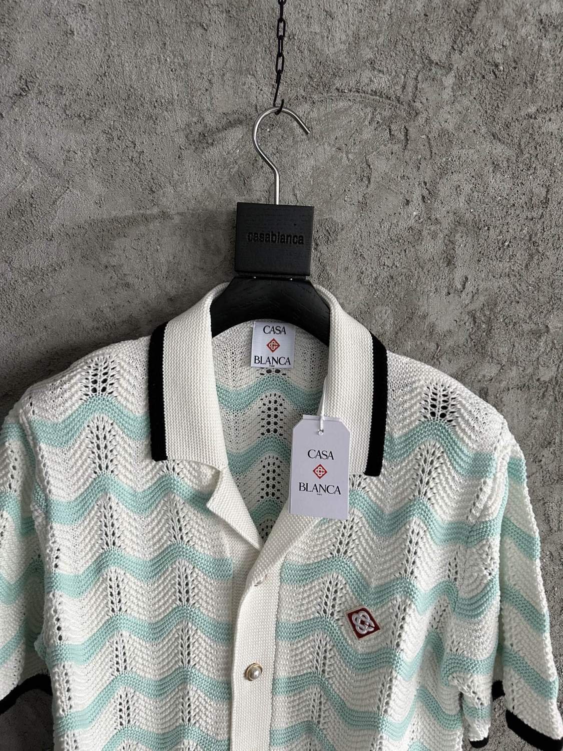 Casablanca Men's Summer Fashion Casual Knit Arch Wave Pattern Woven Pure Cotton Single Breasted Collar Shirt Waist Elastic Short Pants Suit Set #78349