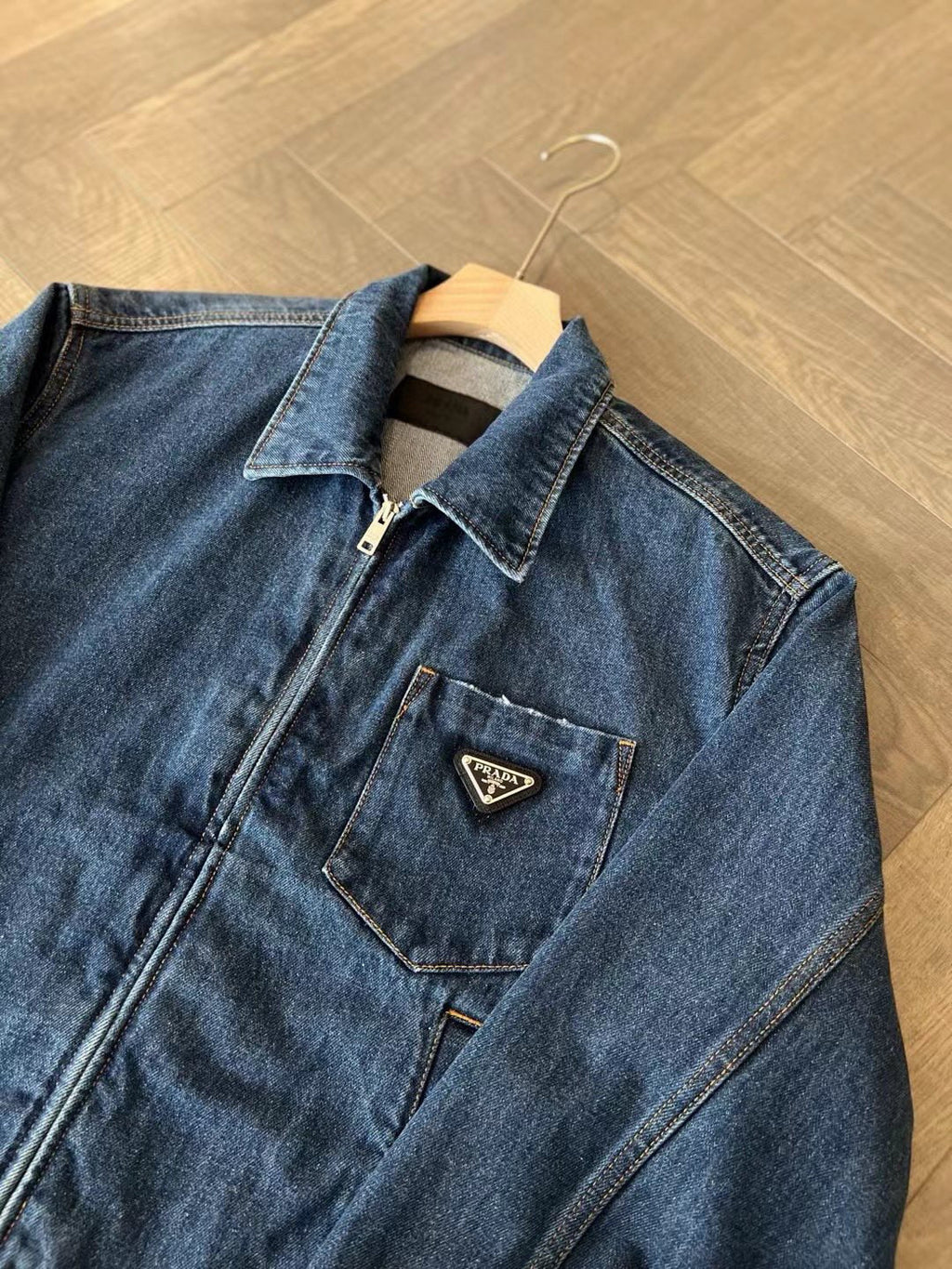 Prada Women's Spring/Fall Fashion Casual Zipper Collar Logo Triangle Emblem Denim Jacket #78971