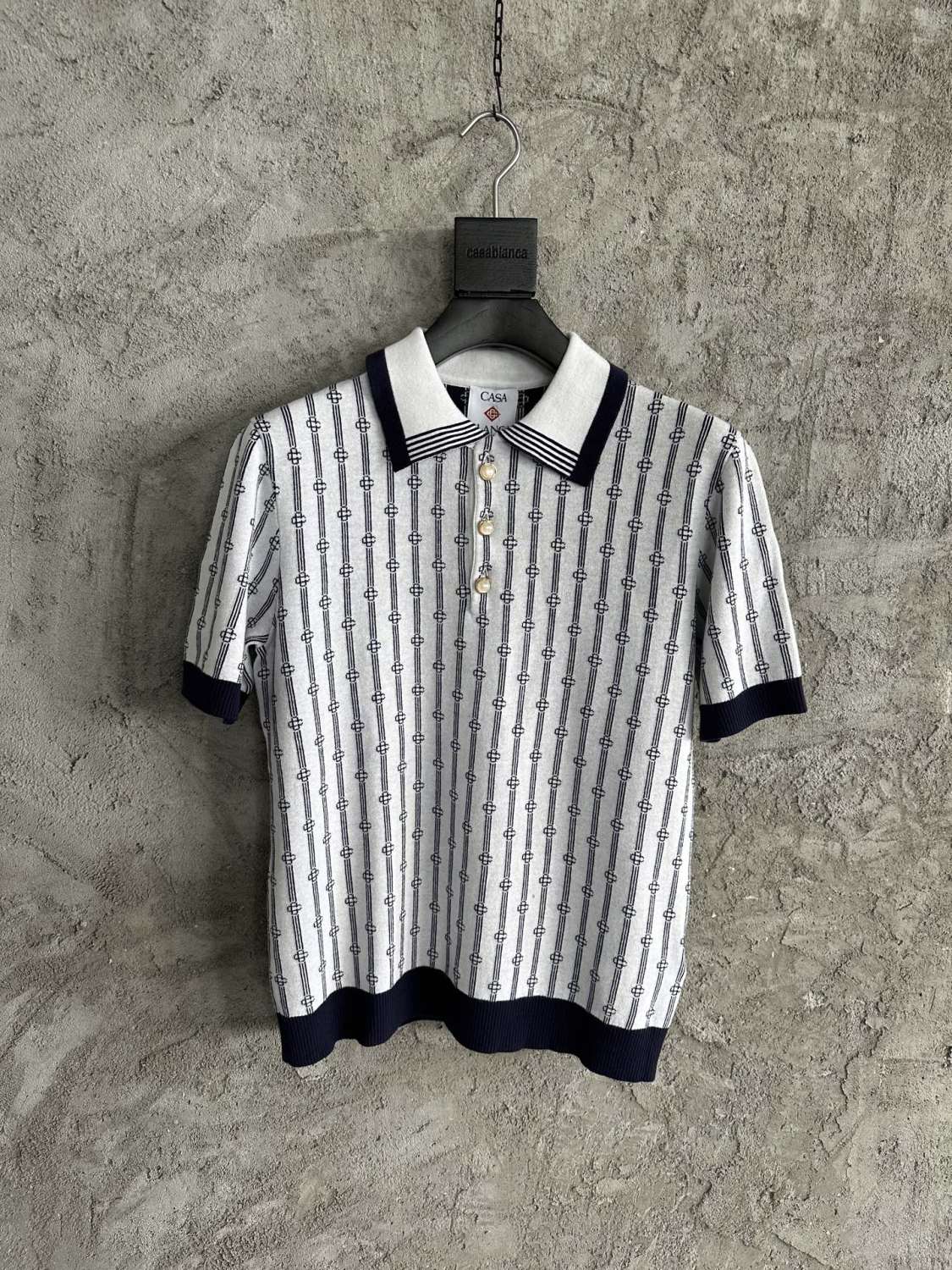 Casablanca Men's And Women's Summer Fashion Casual Collared Letter Combination Striped Knitted Polo Shirt Short Sleeved T-Shirt #78332