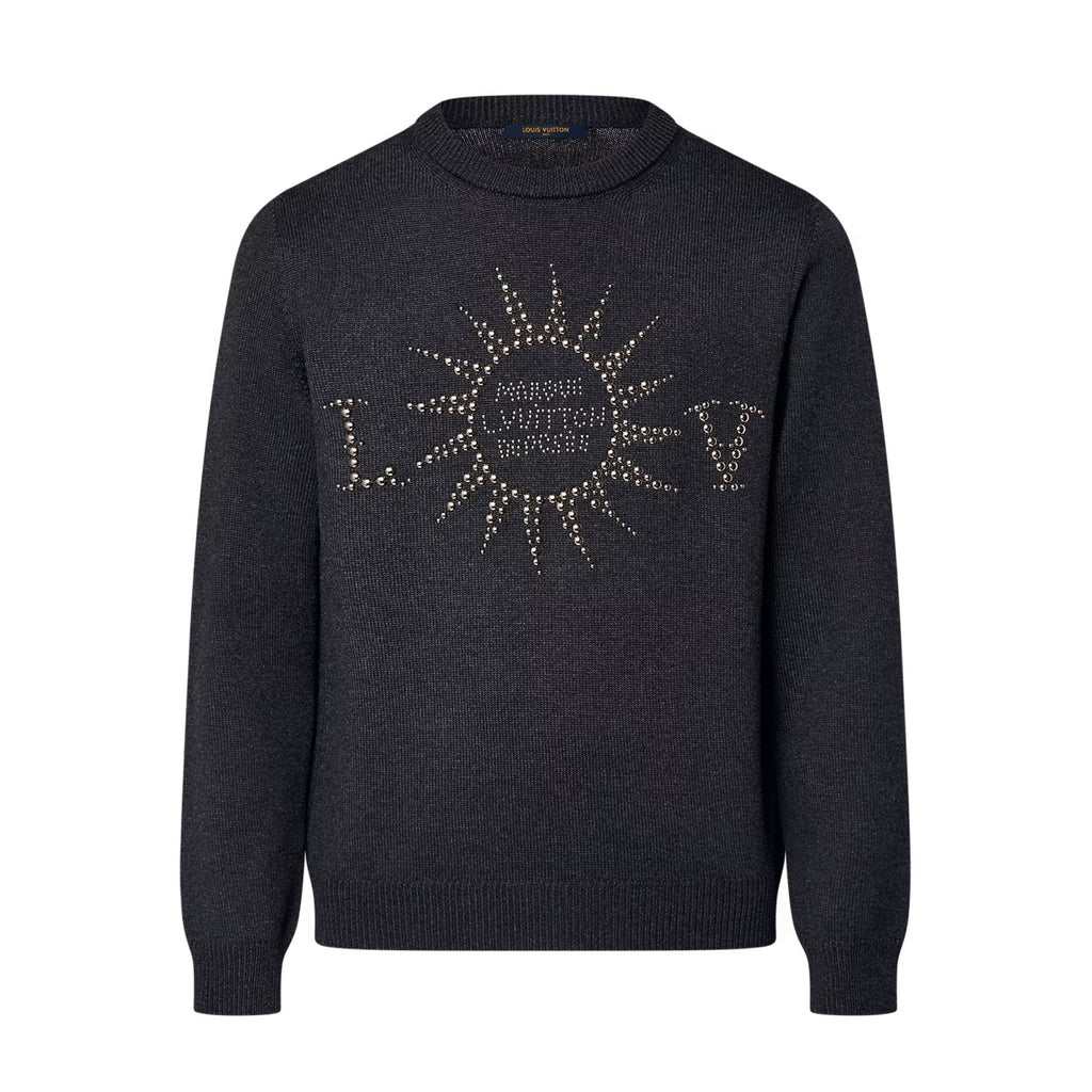 Louis Vuitton Men's Spring and Autumn Black Beaded Logo Geometric Print Round Neck Long Sleeve Sweater Pullover #72971