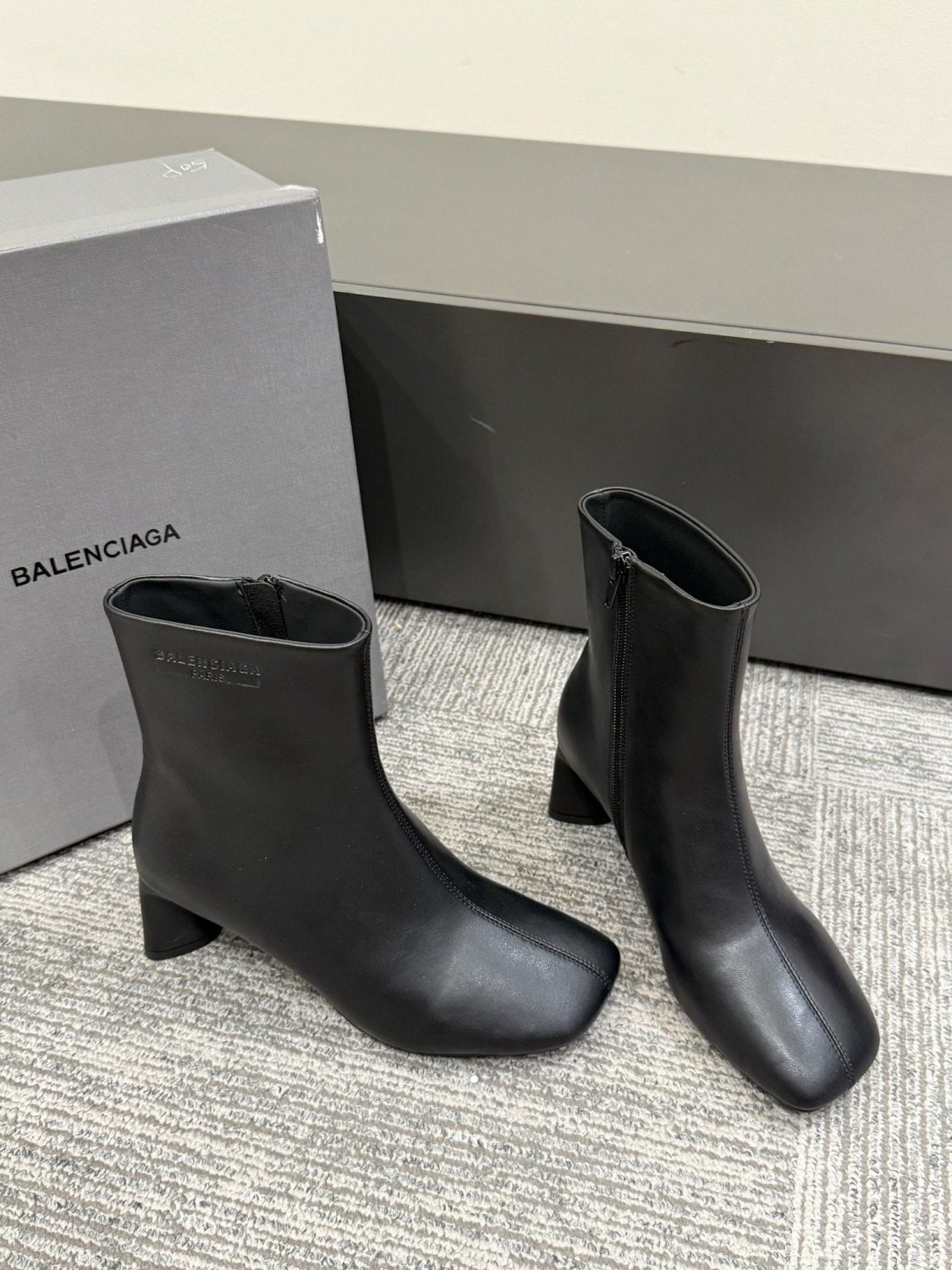 Balenciaga DUTY FREE Women's Solid Color Letter Print Cowhide Square Toe Chunky Heel Short Boots Shoes #77869