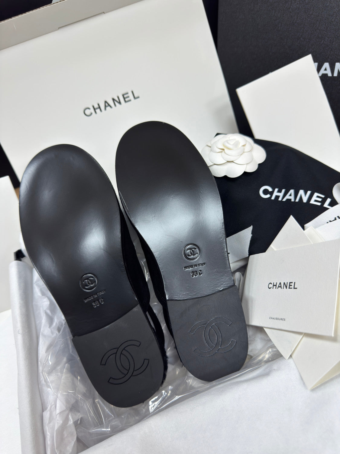 Chanel Women's Fall/Winter Casual Round Toe Slip On Teddy Fur Logo Flat Mules Shoes #79254
