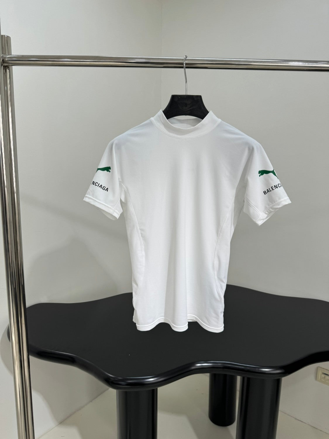 Balenciaga x PUMA Women's and Men's CAT Print White Technical Stretch Fabric Fitted T-shirt #333096