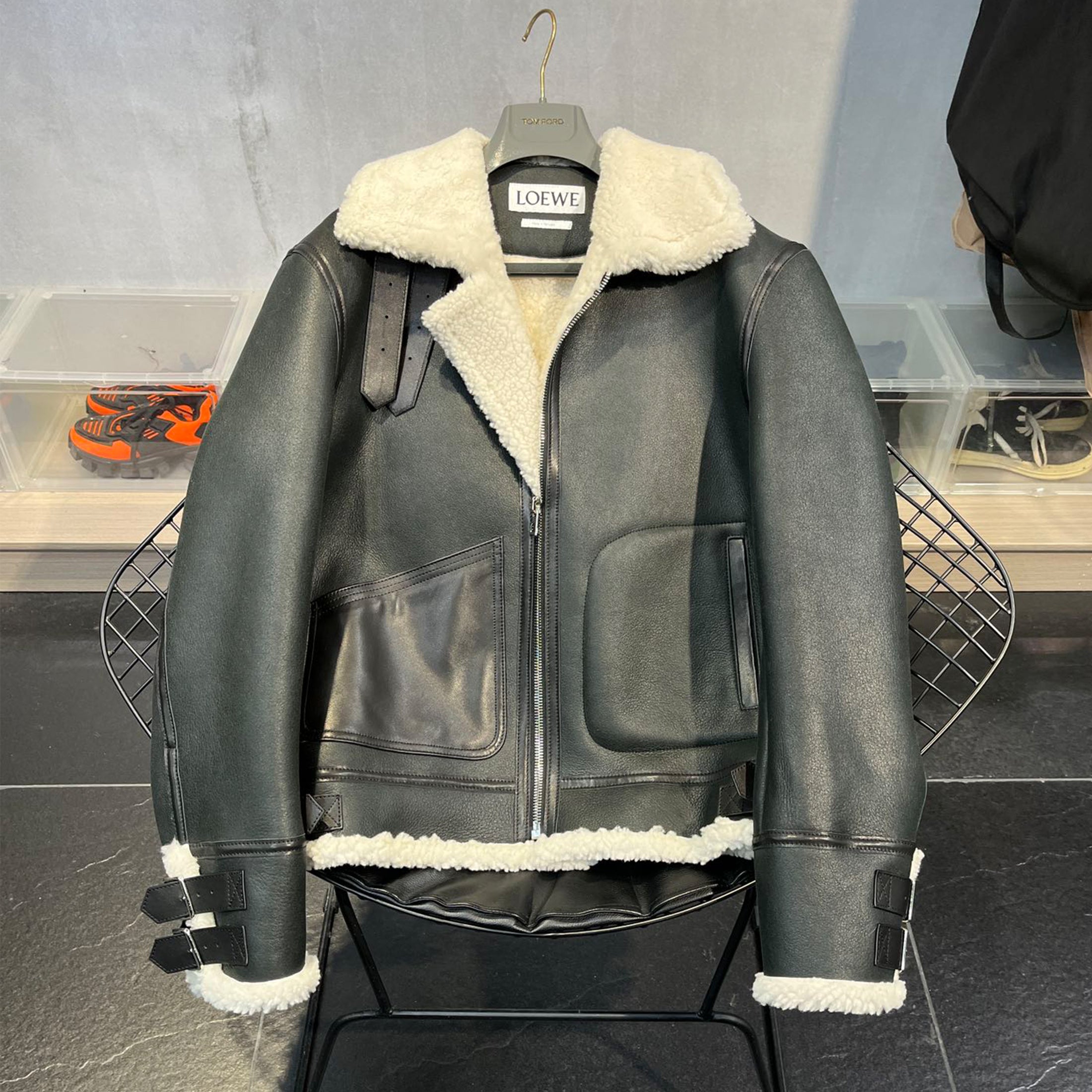 Loewe Men's Fall And Winter Fashion Casual Lamb Wool Leather Jacket Lapel Temperament Coat #71299