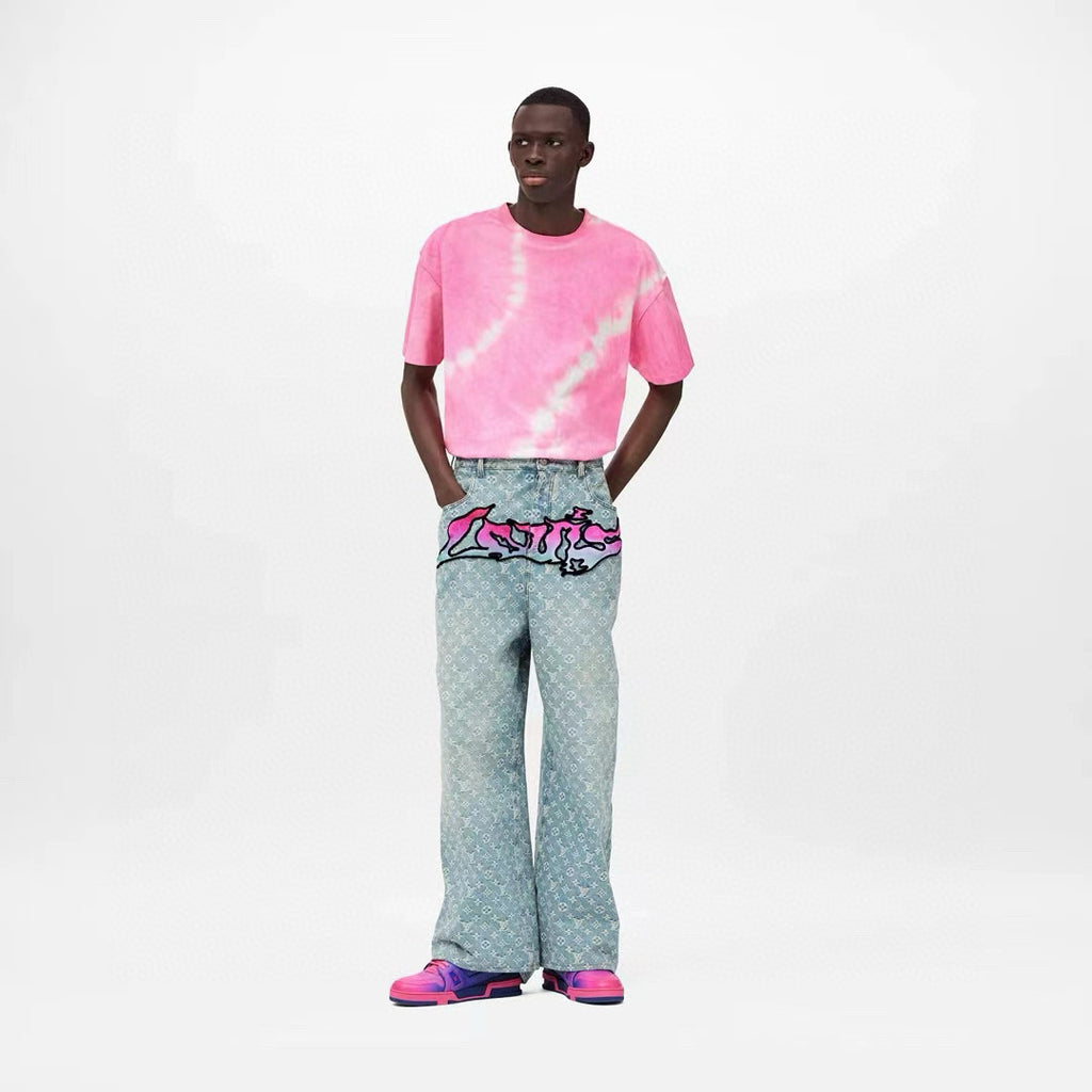 Louis Vuitton Men's Spring Autumn Solid Colour Graffiti Letter Print Casual Jeans Pants #76971