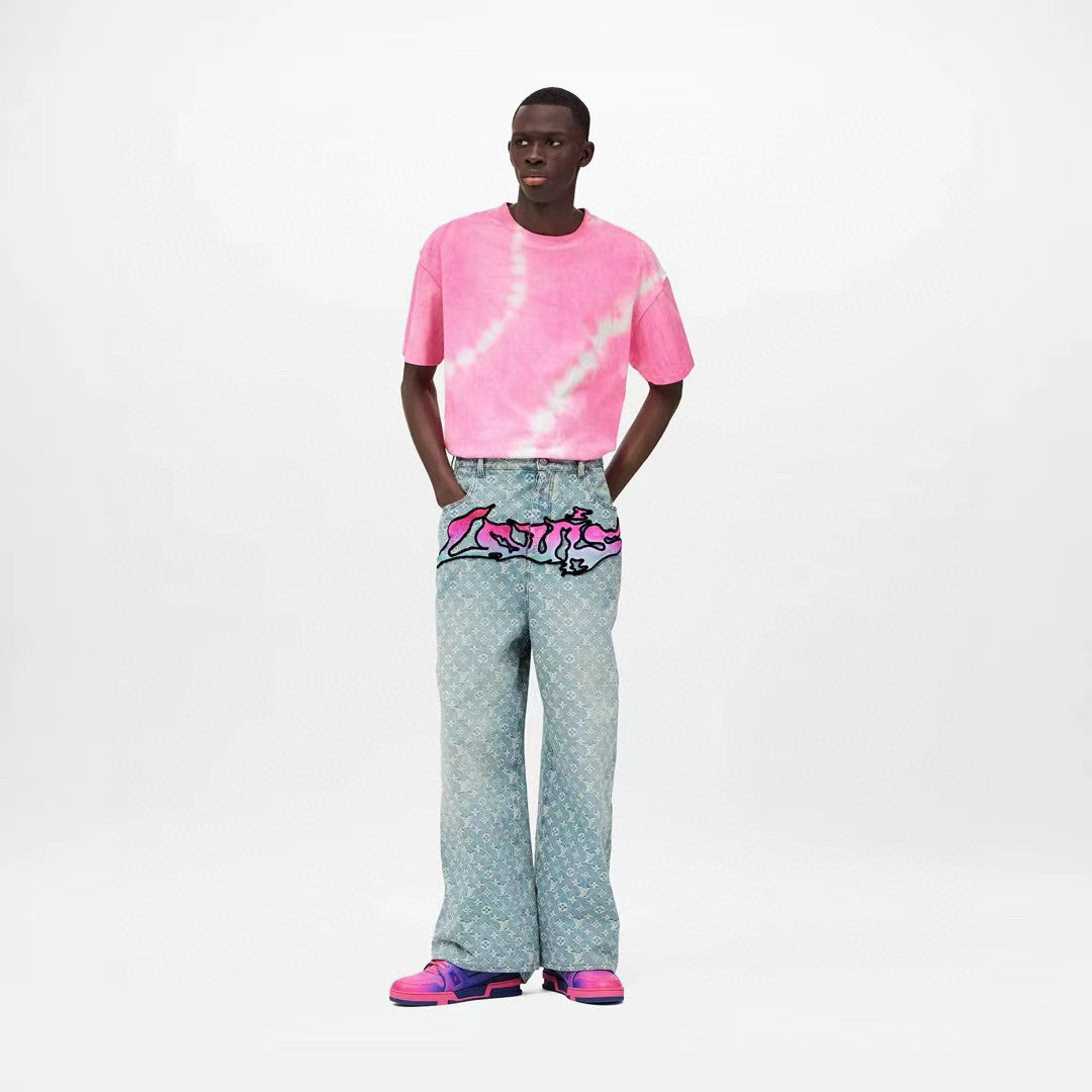 Louis Vuitton Men's Spring Autumn Solid Colour Graffiti Letter Print Casual Jeans Pants #76971
