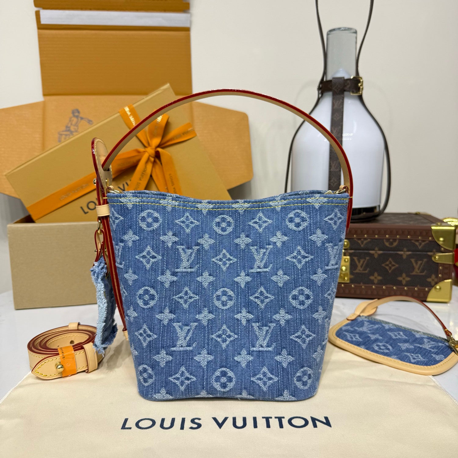 Louis Vuitton Women's Bucket Bag All In BB Burgundy Denim Cotton 2026 Spring New Arrival Light Luxury High-End Fashion Casual Bag M28107 #82886A