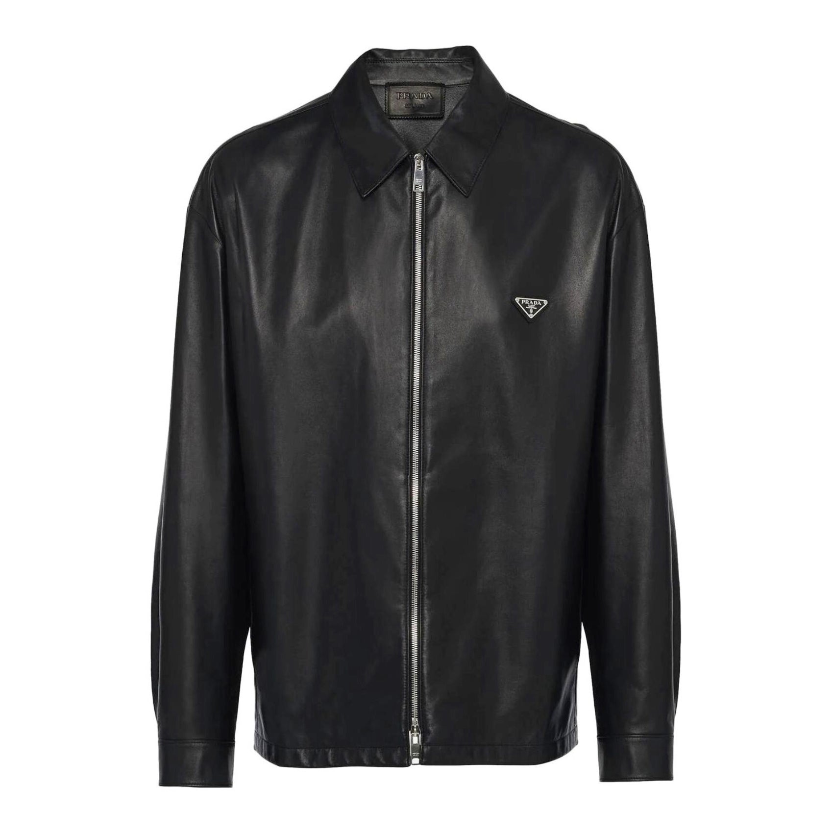 Prada Men's Fall And Winter Black Sheepskin Lapel Zipper Long Sleeved Jacket #98475