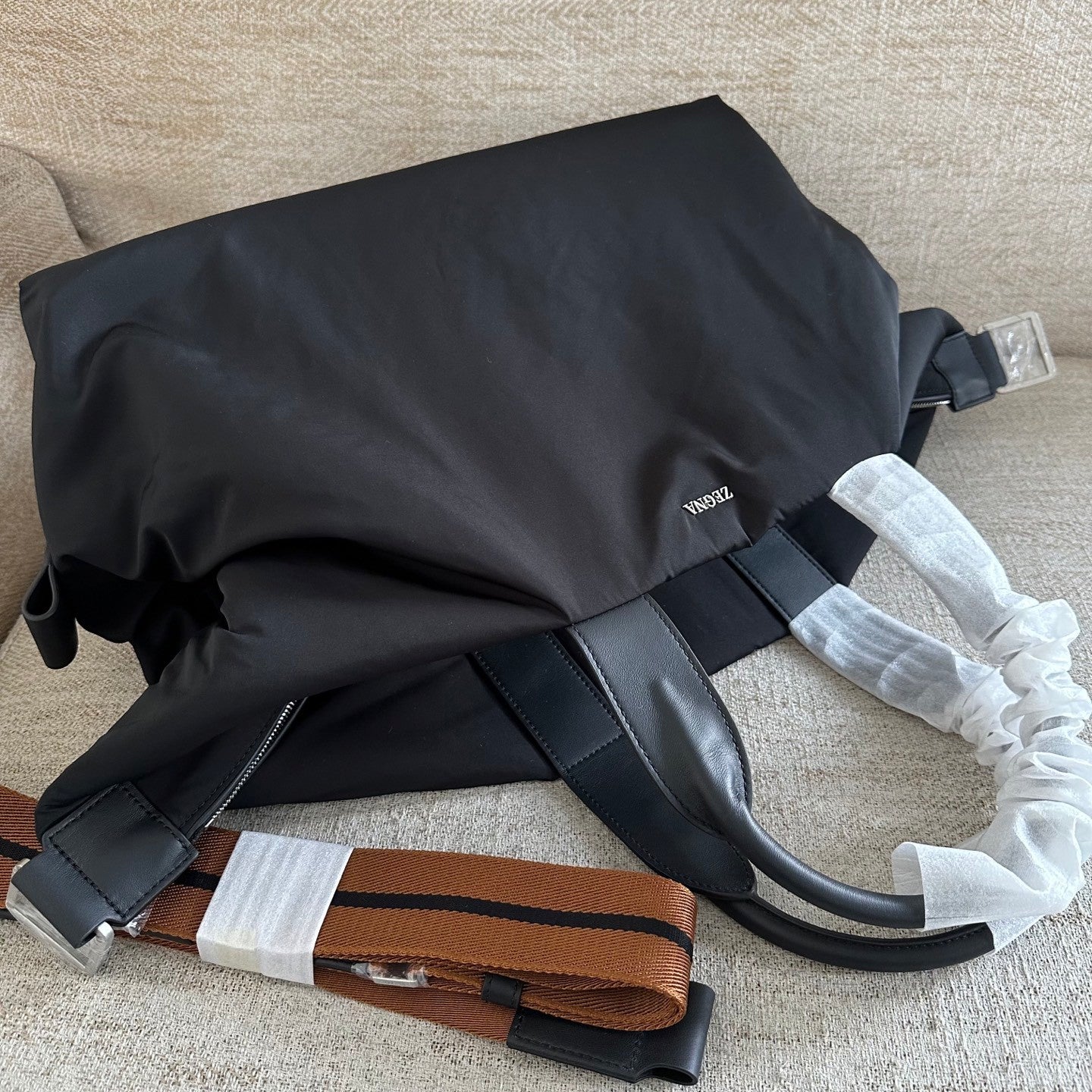 Zegna Ranglan Handbag Bags Black Technology Fabric Luggage Bag # 195388