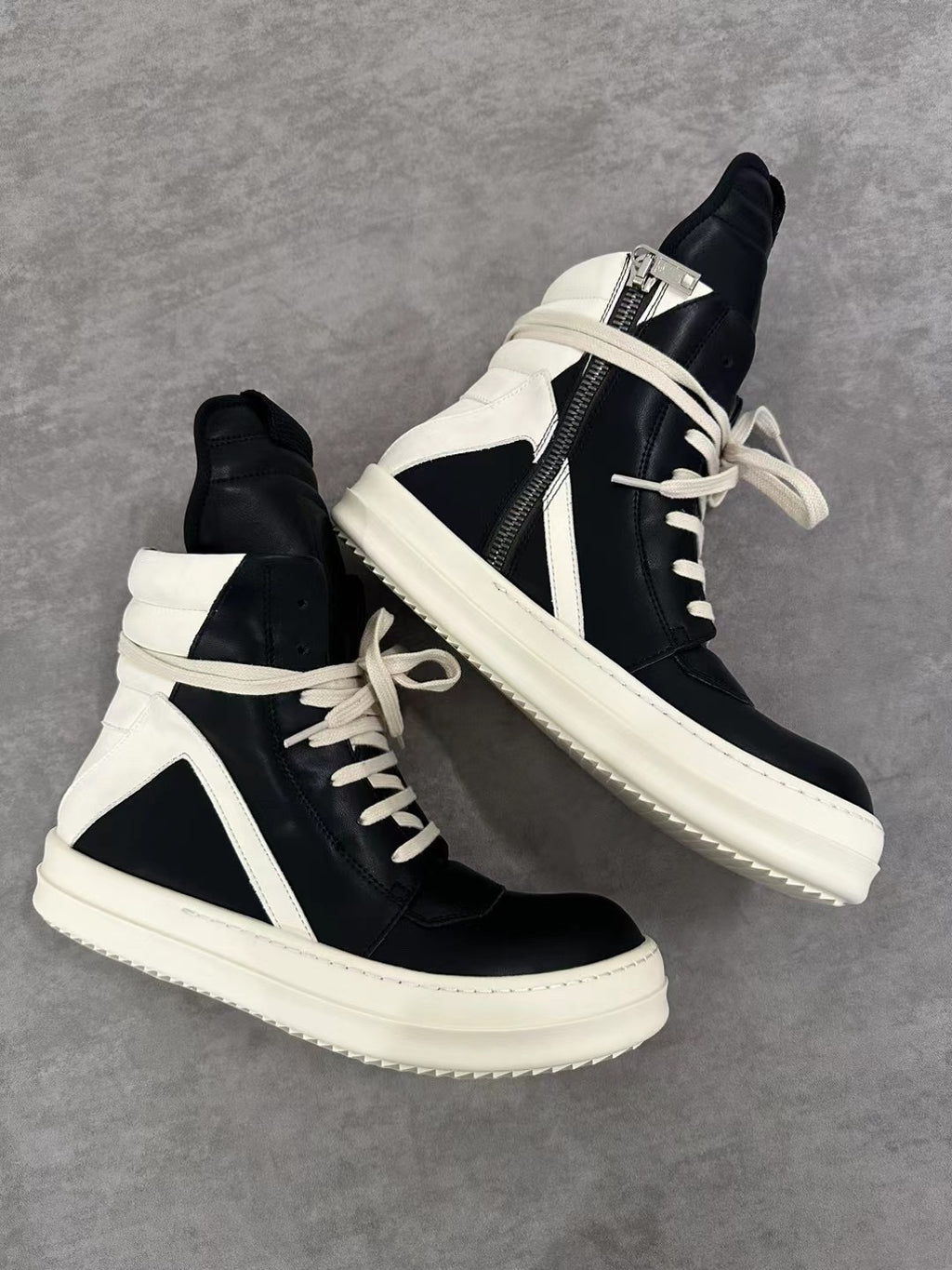 Rick Owens Men's Spring/Fall Fashion Casual Round Toe Lace Up Leather Zipper Thick Sole High Top Sneakers Shoes #78569