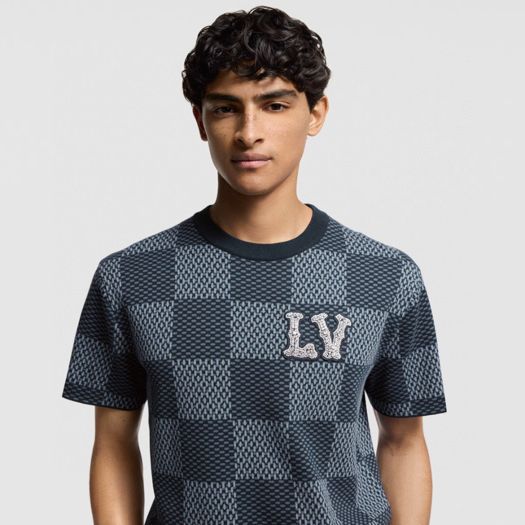 Louis Vuitton Men's and Women's Summer Checkerboard Printed Beaded Logo Printed Round Neck Short Sleeve T-Shirt #75187