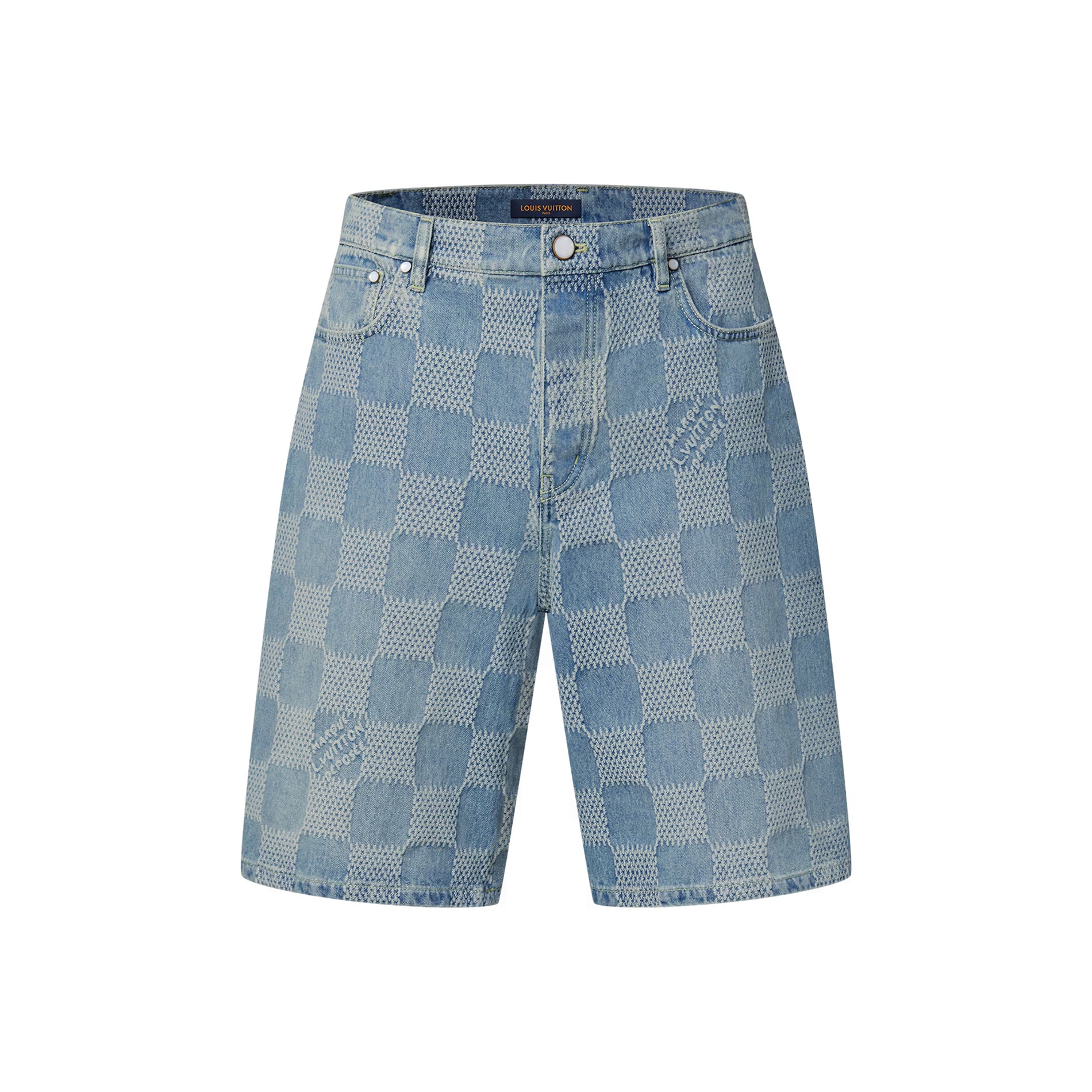 Louis Vuitton Men's Summer Solid Colour Checkerboard 3D Print Casual Denim Shorts #76864