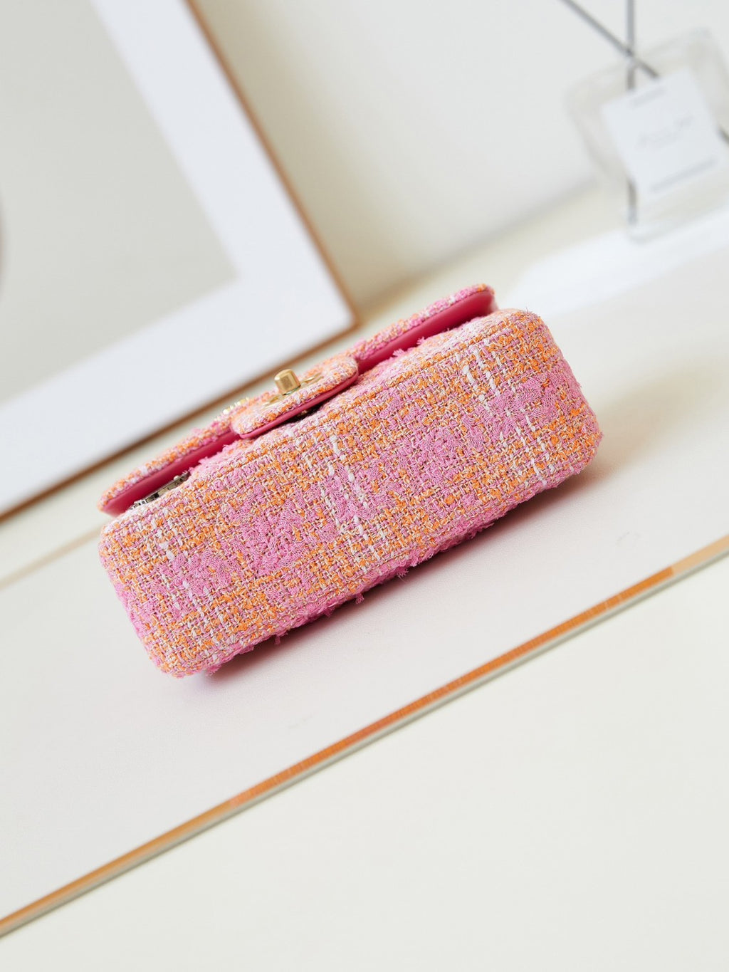 Chanel Women's Pink Chain Tartan Fabric Badge Print Single Shoulder Crossbody Bag Bags #77412