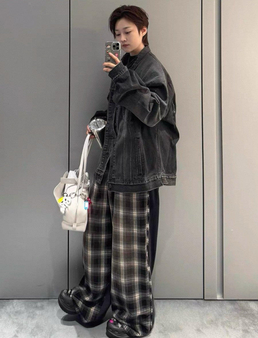 Balenciaga Men's Early Fall New Plaid Splicing Old Pants Loose Silhouette Loose Straight Casual Pants Ngvp #2432