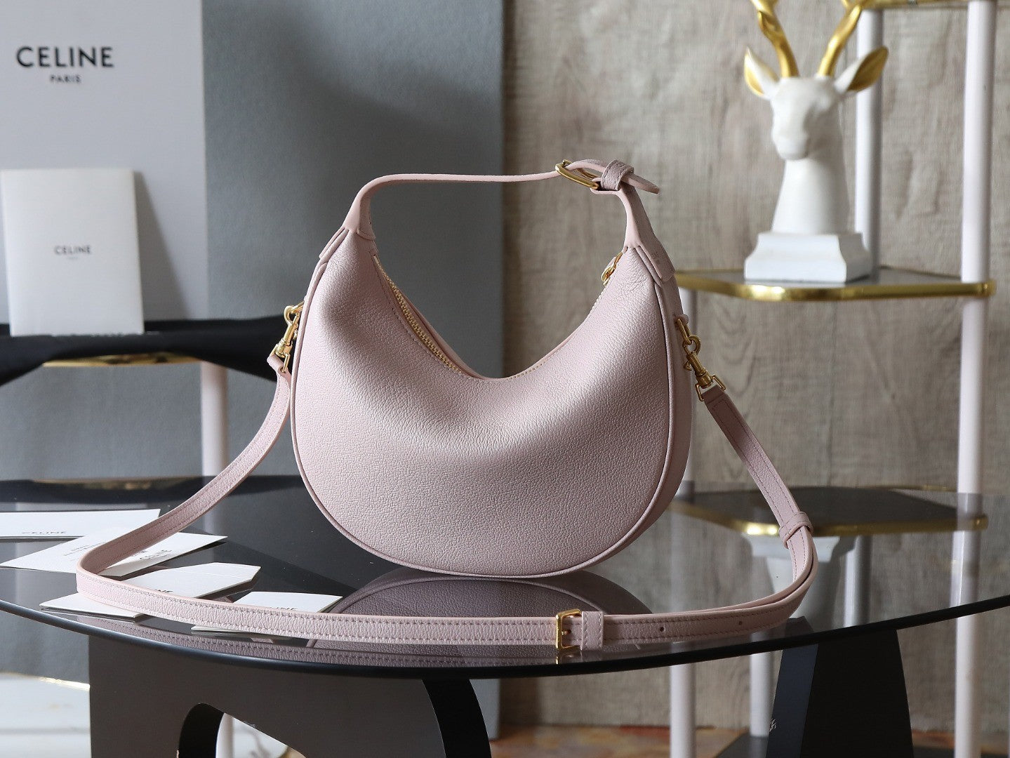 Celine Women's Pink Teen Lulu Handbag Stylish Vintage-inspired Half-moon Clutch Crossbody Bag Bags 120723ENY.25BD #81821A