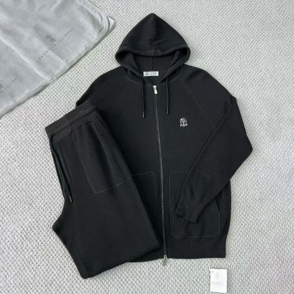 Brunello Cucinelli Men's Spring/autumn Fashion Casual Solid Color Logo Zipper Hoodie Ribbed Cotton Knit Pants Zipper Cuffs Suit Set #78353