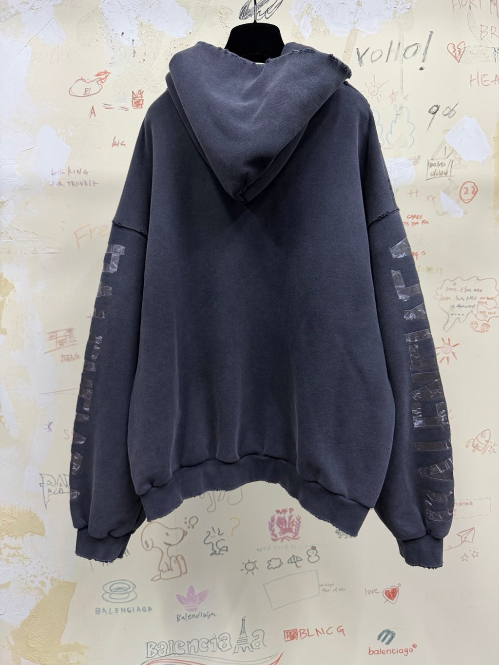 Balenciaga Top-quality version Men's Transparent Tape Ripped Pocket Hoodie in Faded Black White #376442