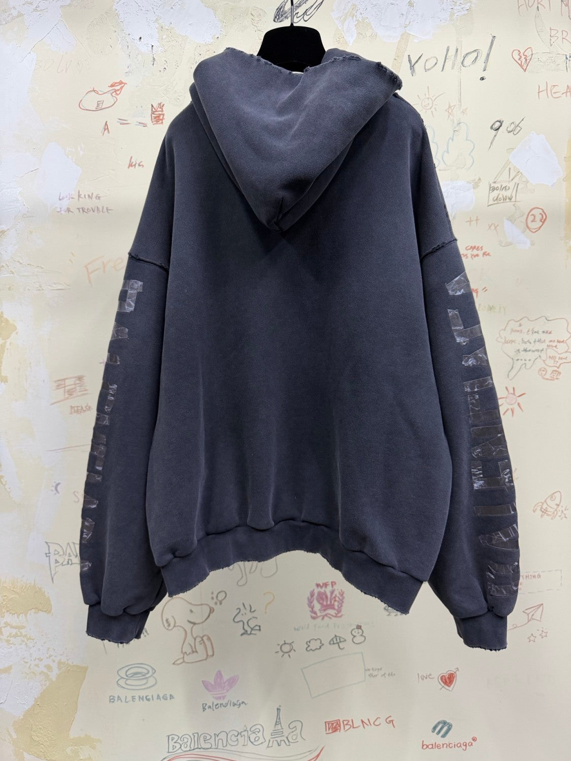 Balenciaga Top-quality version Men's Transparent Tape Ripped Pocket Hoodie in Faded Black White #376442