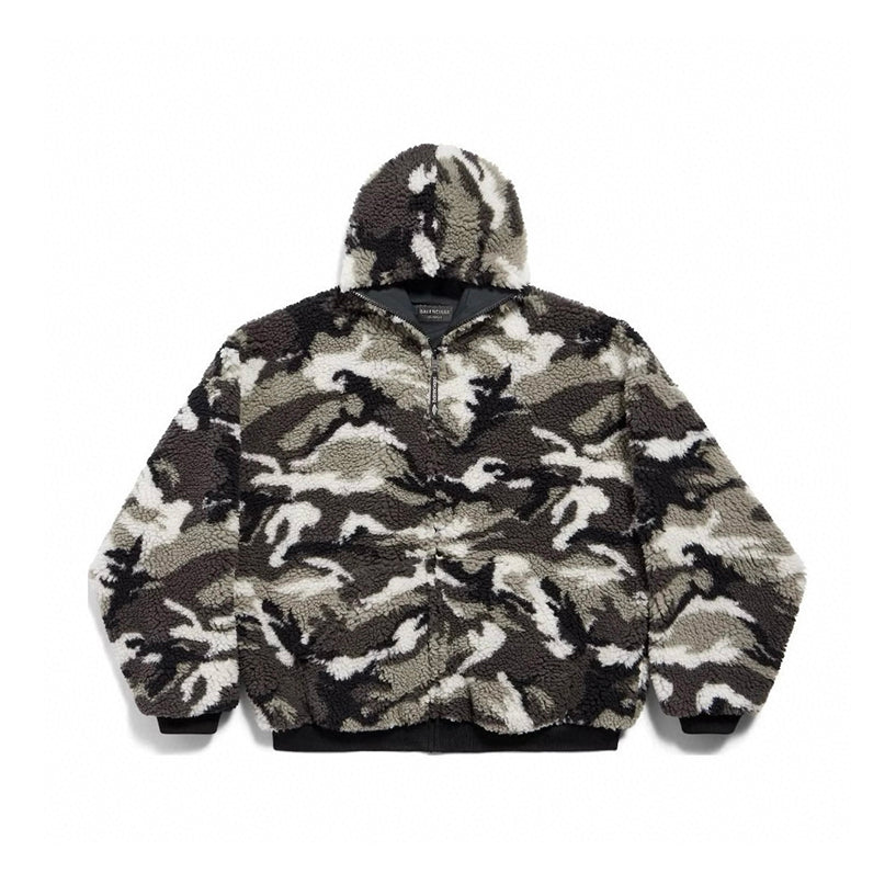 Balenciaga Men Women Autumn And Winter Camouflage Zipper Loose Suede Long Sleeve Hooded Jacket Ngvp #9629