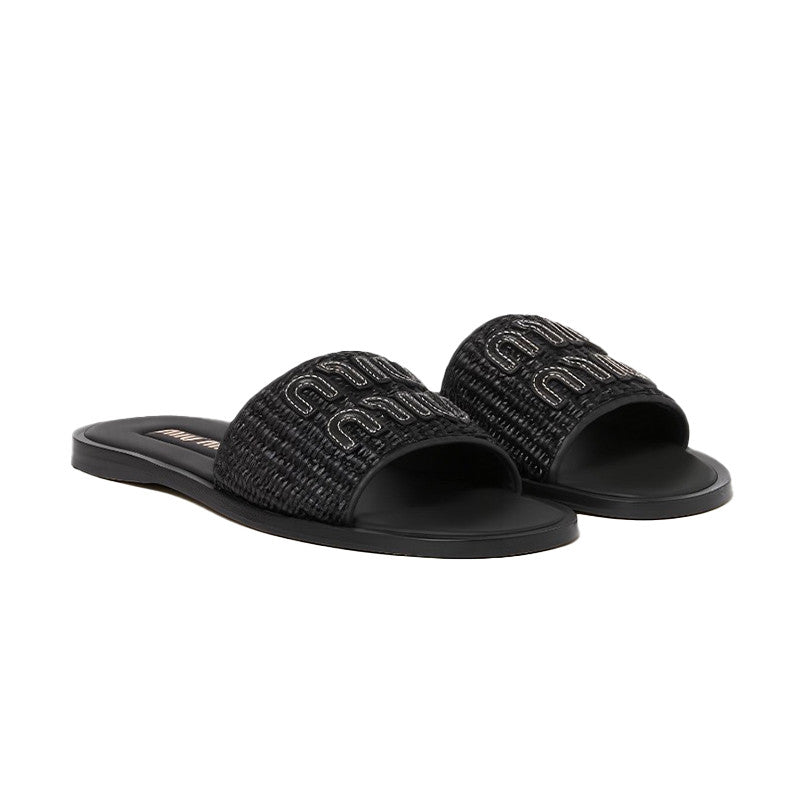 MiuMiu Women's Spring/Summer/Fall Logo Raffia Woven Leather Flat Sandals Casual Slippers Shoes #81553