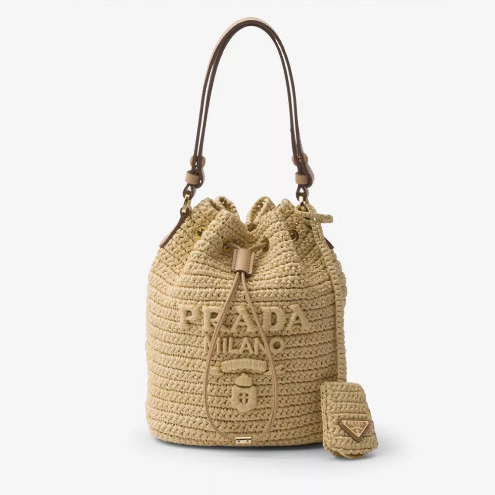 Prada Women's Logo Embroidered Adjustable Detachable Shoulder Strap Lafite Grass Patchwork Leather Bucket Bag Mini Handheld One Shoulder Crossbody Bag  Bags #196301