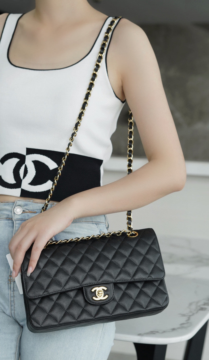 Chanel Women Classic Flap Solid Color Particle Embossed Calfskin Chain Bag Mouth Cover Bag Casual Shoulder Bags CF #71675